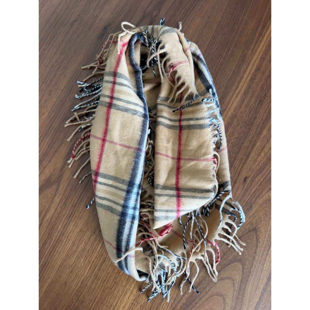 Lord & Taylor Camel Plaid Infinity Scarf Fringed Acrylic Made in Germany 718904